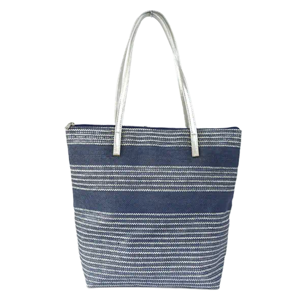 women cotton stripe pvc handle tote handbag